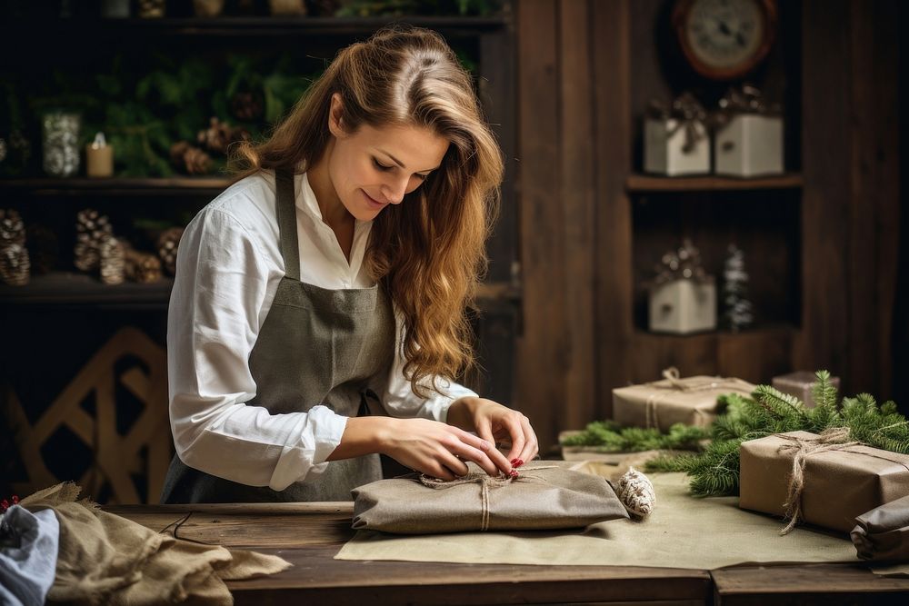 Woman preparing christmas gift concentration craftsperson accessories. AI generated Image by rawpixel.