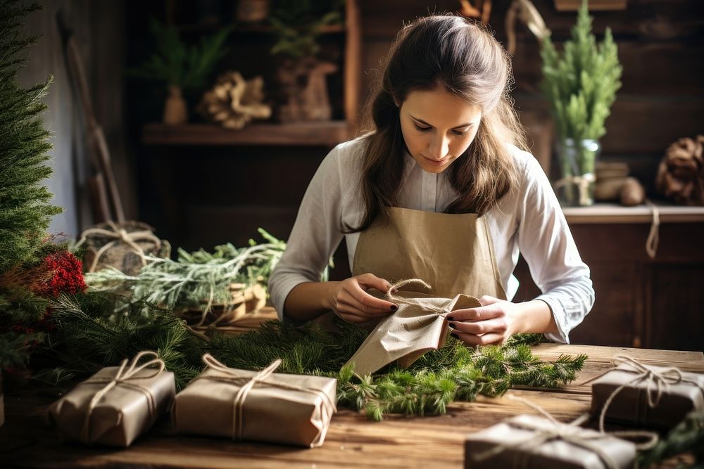 Woman preparing christmas gift concentration anticipation celebration. AI generated Image by rawpixel.