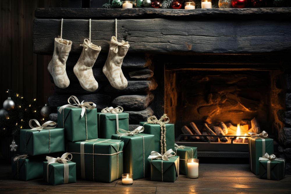 Christmas christmas socks fireplace hearth. AI generated Image by rawpixel.