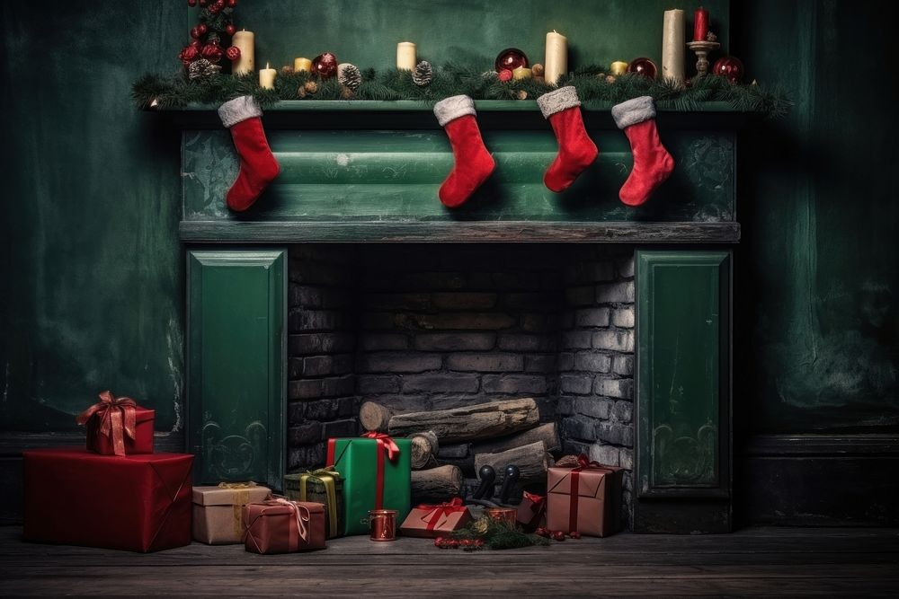 Christmas socks fireplace red. AI generated Image by rawpixel.