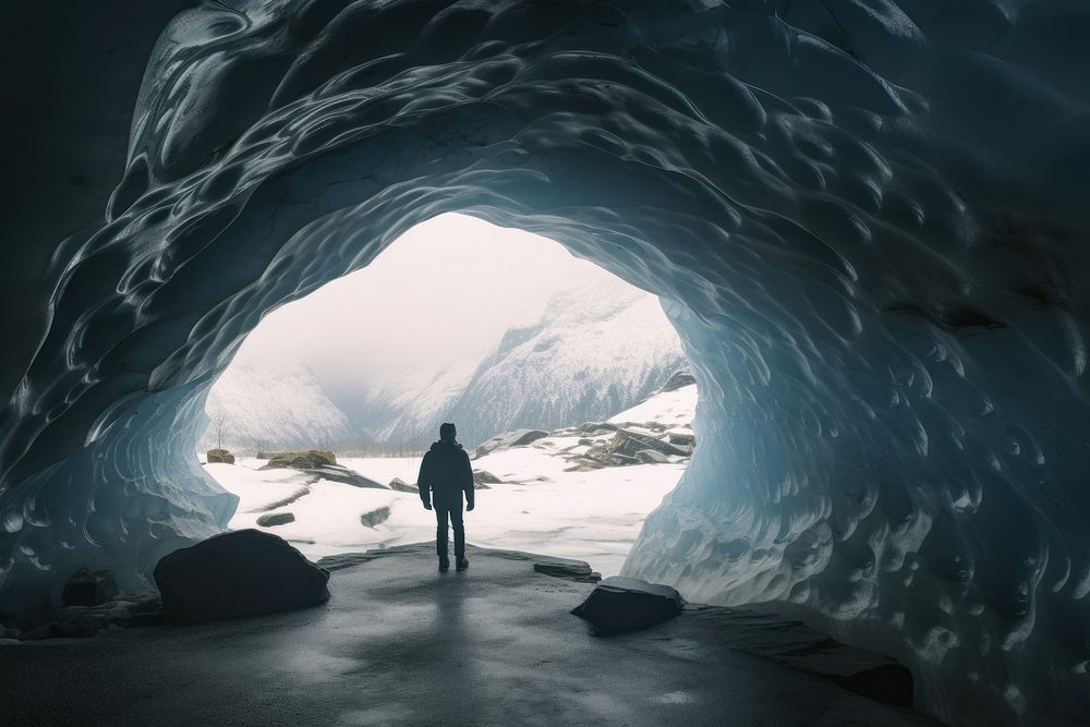 Mountains cave ice standing. AI generated Image by rawpixel.