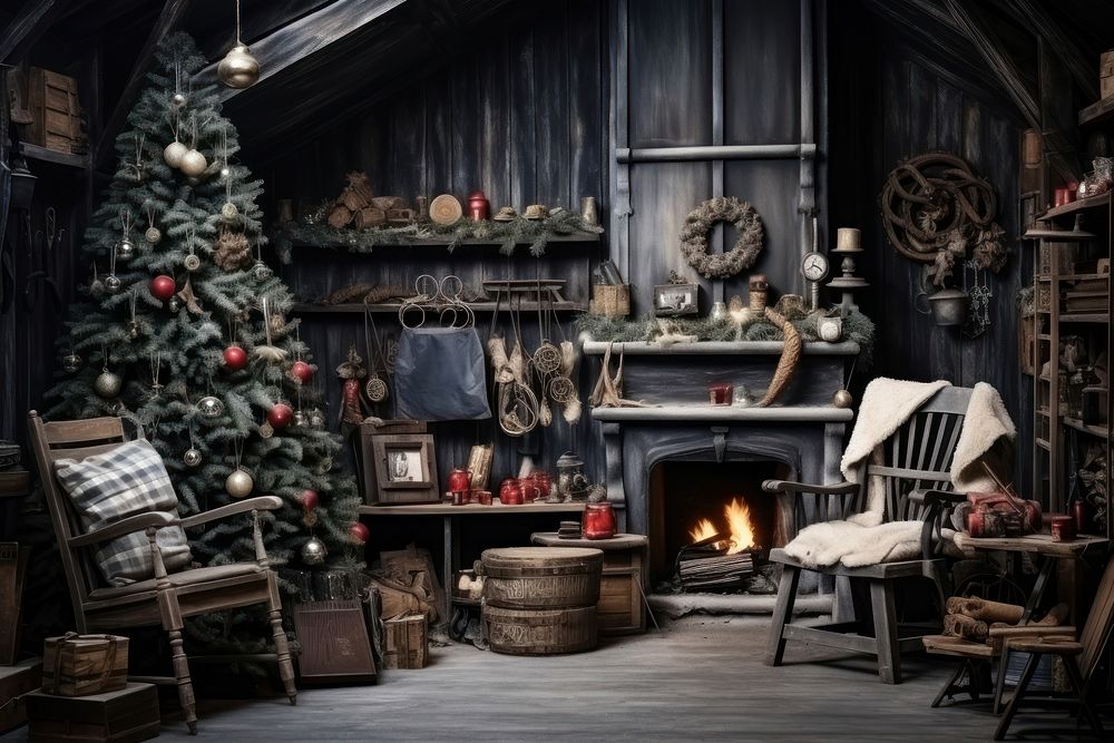 Christmas fireplace furniture rustic. AI generated Image by rawpixel.