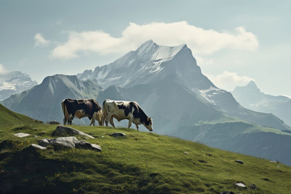 Alps grazing cow grassland. AI generated Image by rawpixel.