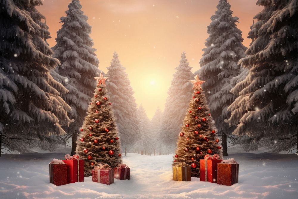 Decorated christmas trees forest plant snow. AI generated Image by rawpixel.