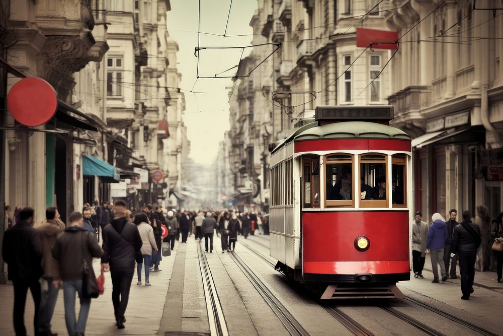Old red cable car bus vehicle street. AI generated Image by rawpixel.