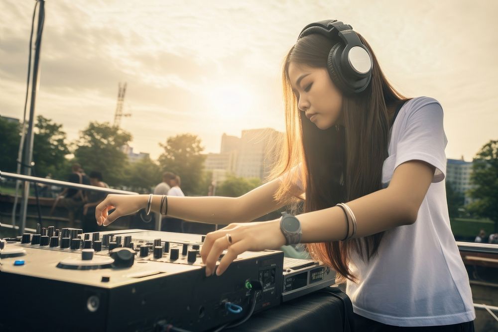 Korean headphones mixing girl. 