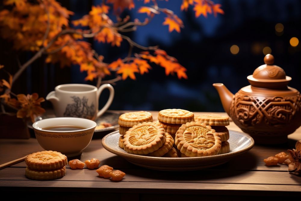 Mooncakes teapot autumn food. AI generated Image by rawpixel.
