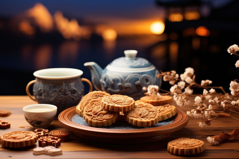 Mooncakes teapot food cup. AI generated Image by rawpixel.