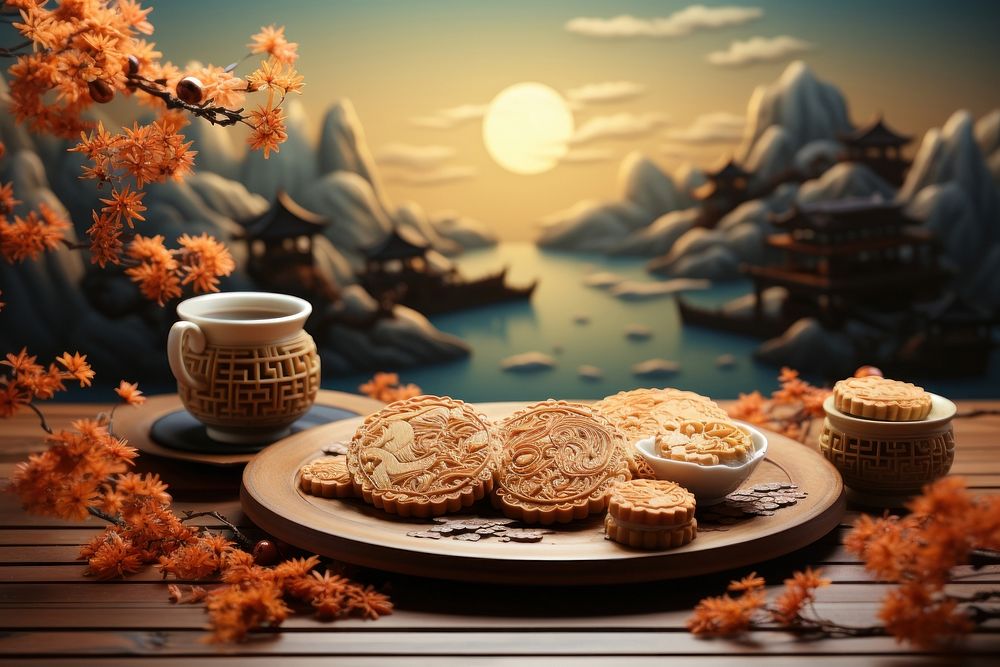 Mooncakes autumn plate food. AI generated Image by rawpixel.