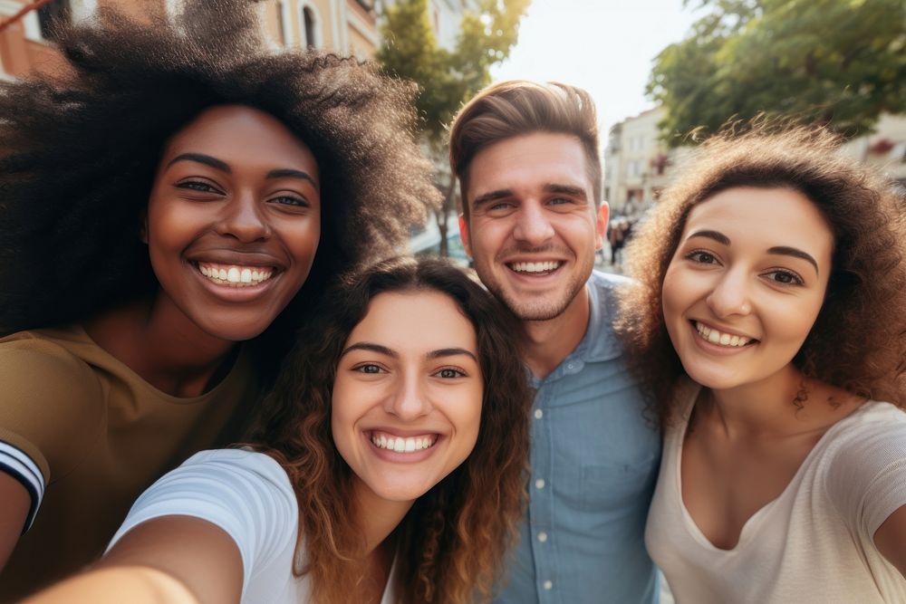 Selfie Multicultural laughing outdoors. AI generated Image by rawpixel.