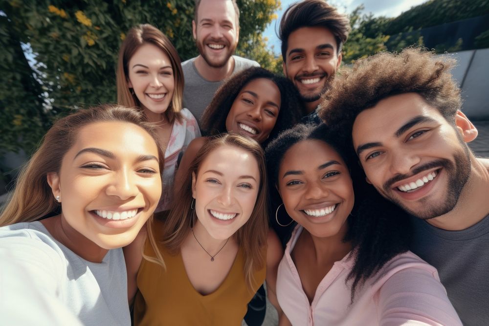 Selfie Multicultural laughing outdoors. AI generated Image by rawpixel.