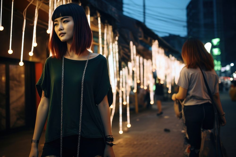 Taiwanese street illuminated standing. AI generated Image by rawpixel.