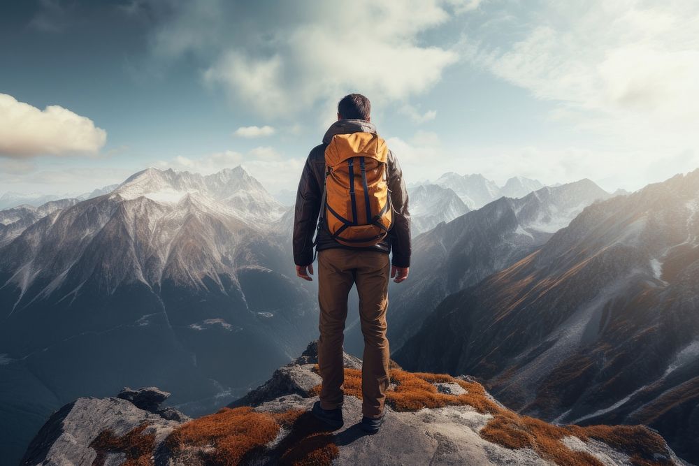 Male hiker mountain backpacking adventure. AI generated Image by rawpixel.
