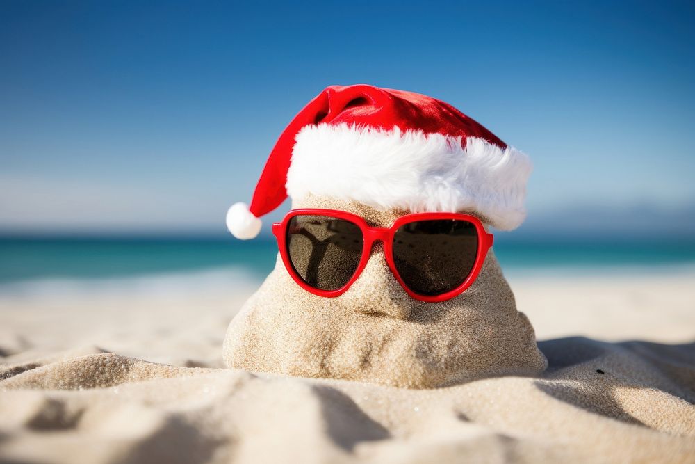 Sandy christmas snowman sunglasses beach portrait. AI generated Image by rawpixel.