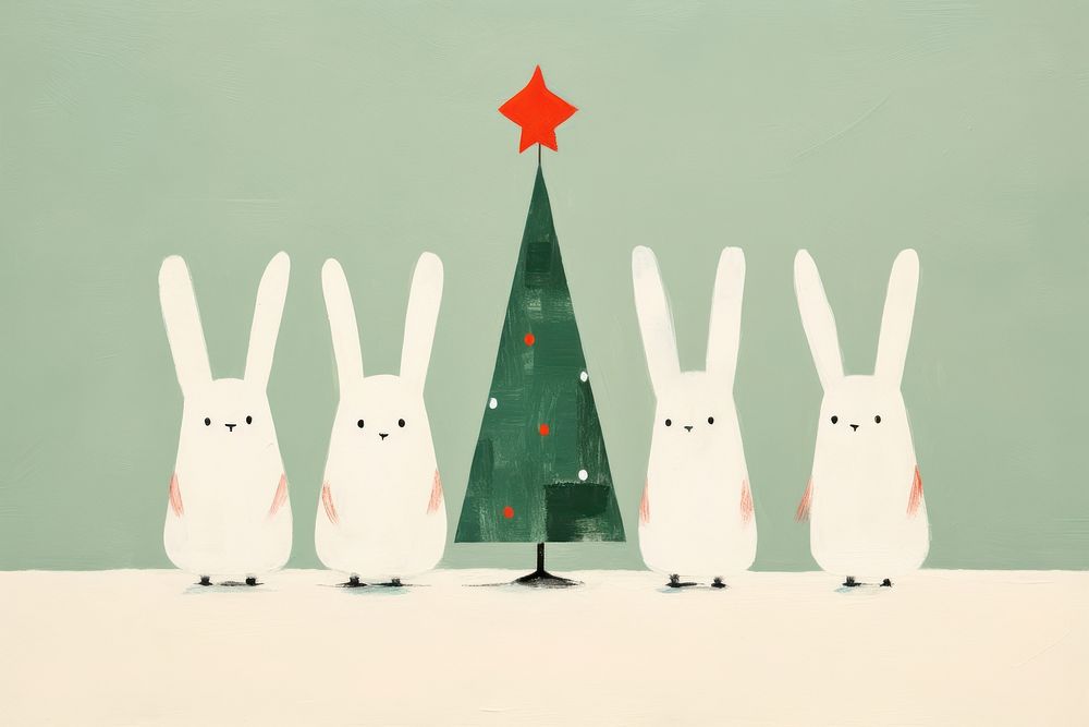 4 rabbits dancing around christmas tree mammal art anthropomorphic. AI generated Image by rawpixel.