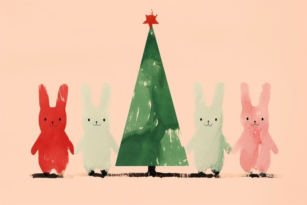 4 rabbits dancing around christmas tree mammal representation celebration. 