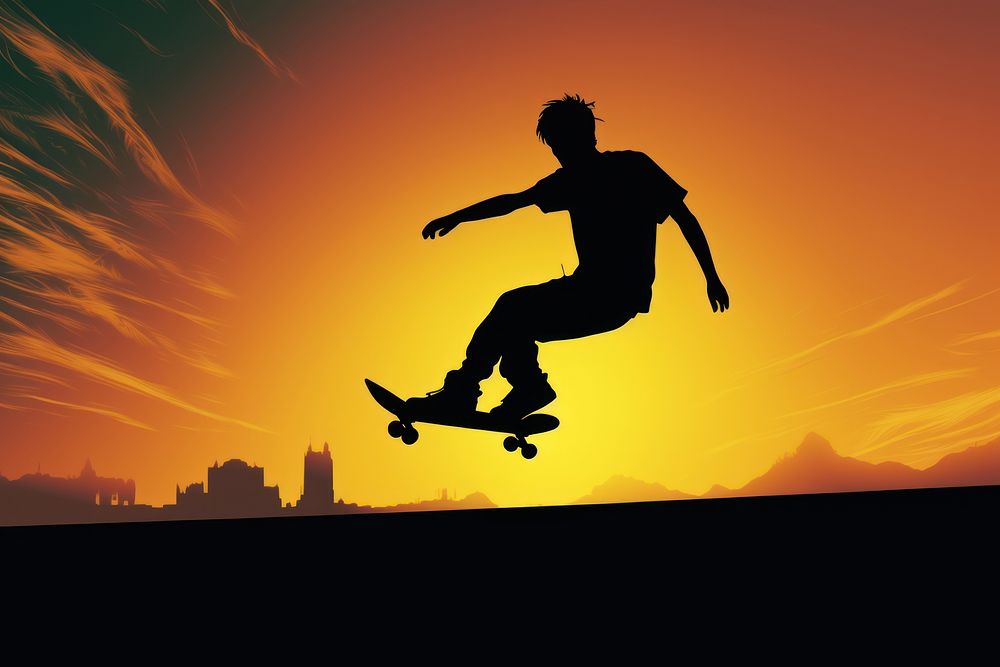 Skateboard jump silhouette adult skateboarding. AI generated Image by rawpixel.