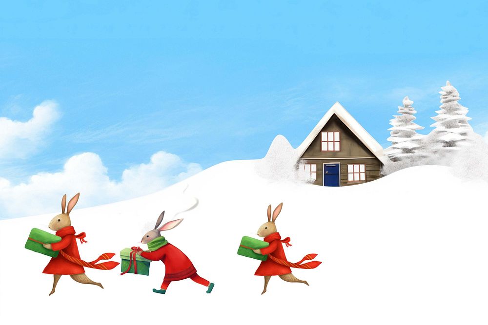 Christmas rabbits & gifts doodle illustration