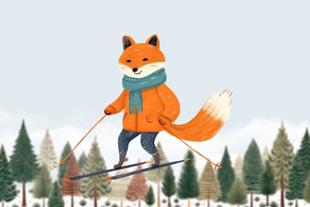 Fox skiing hand drawn illustration