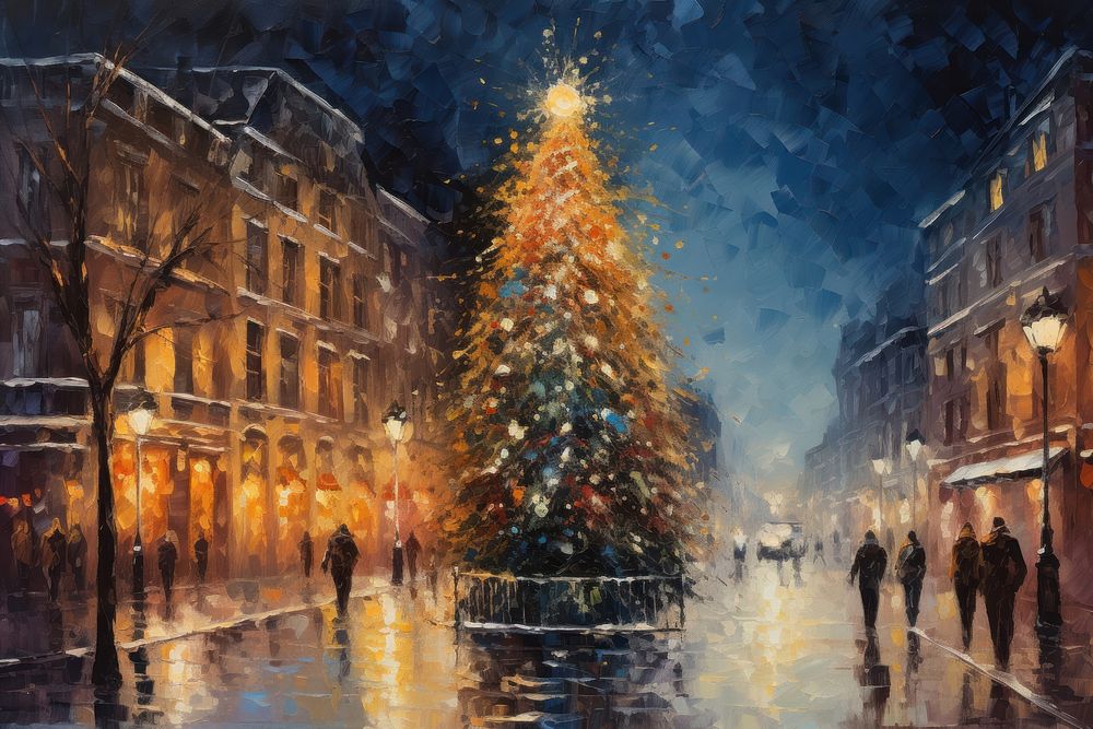Christmas trees street painting night. AI generated Image by rawpixel.
