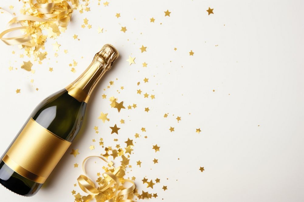 Golden champagne bottle celebration confetti drink. AI generated Image by rawpixel.