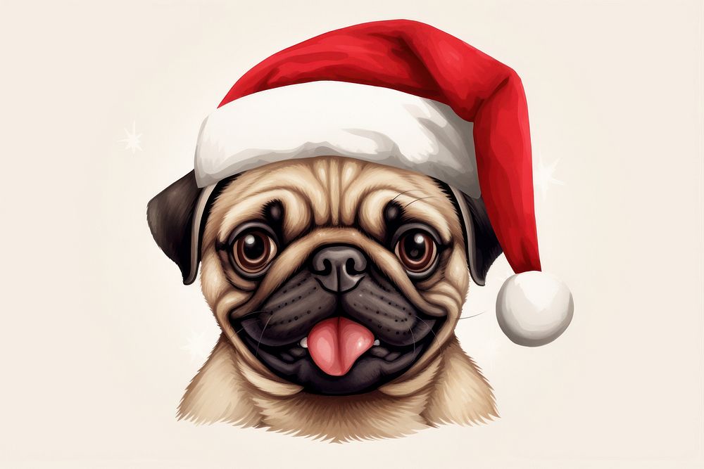 Happy pug celebrating christmas wearing santa hat mammal animal pet. AI generated Image by rawpixel.