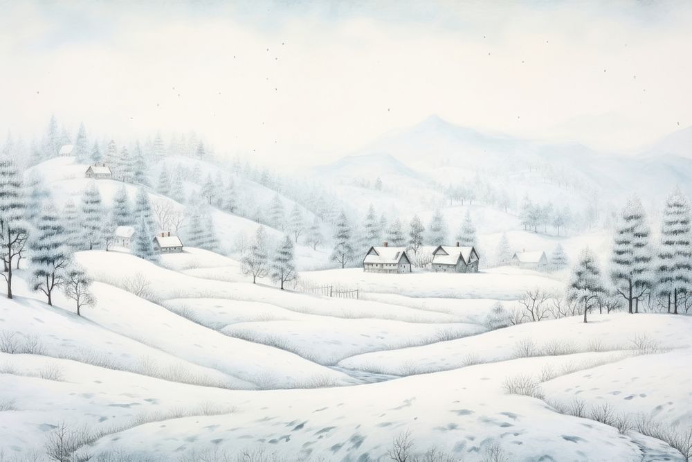 Cozy village winter christmas landscape outdoors drawing. AI generated Image by rawpixel.