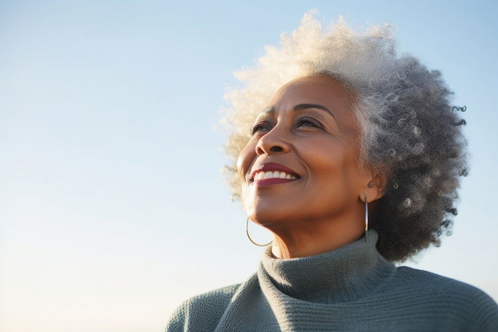Senior black woman looking sky adult smile contemplation. AI generated Image by rawpixel.