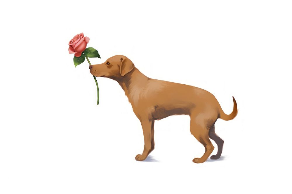 Dog holding flower mammal animal plant. AI generated Image by rawpixel.