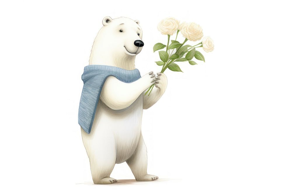 Polar holding flowers mammal white bear. AI generated Image by rawpixel.