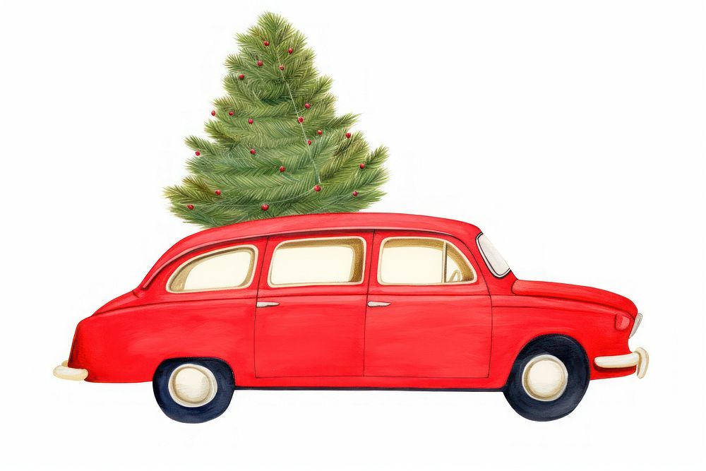 Red car carrying christmas tree vehicle wheel plant. AI generated Image by rawpixel.
