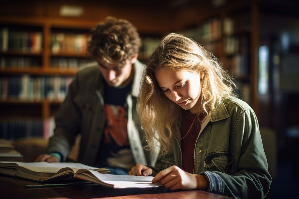 Student reading book library publication female. 