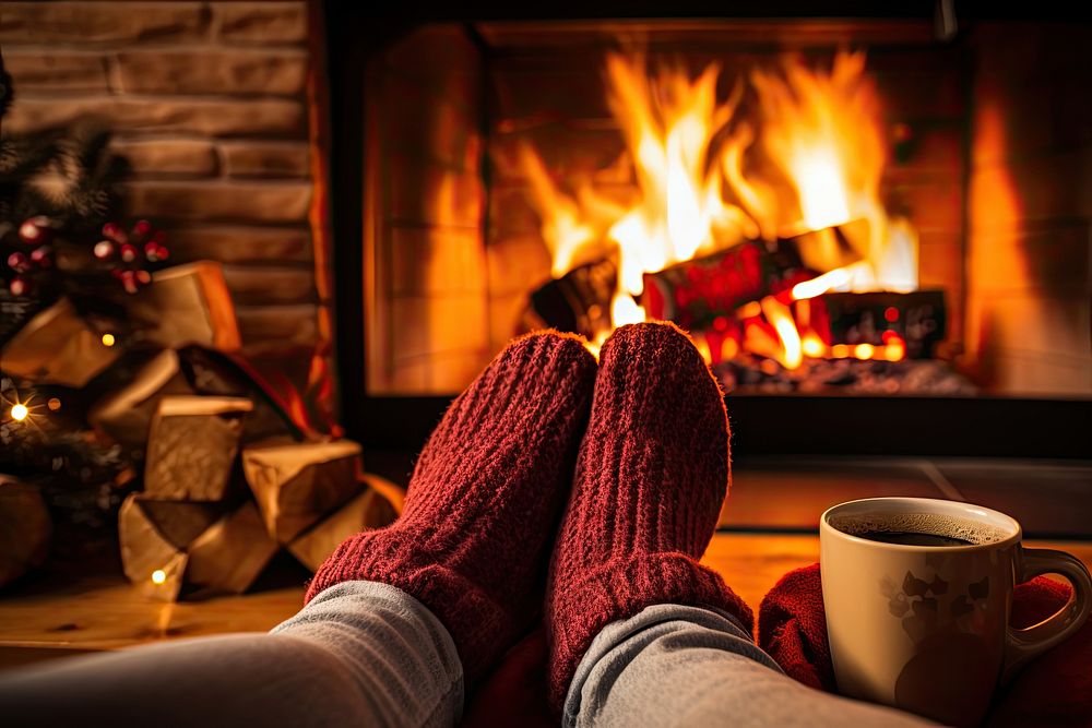 Christmas fireplac woman relaxes fireplace hearth. AI generated Image by rawpixel.
