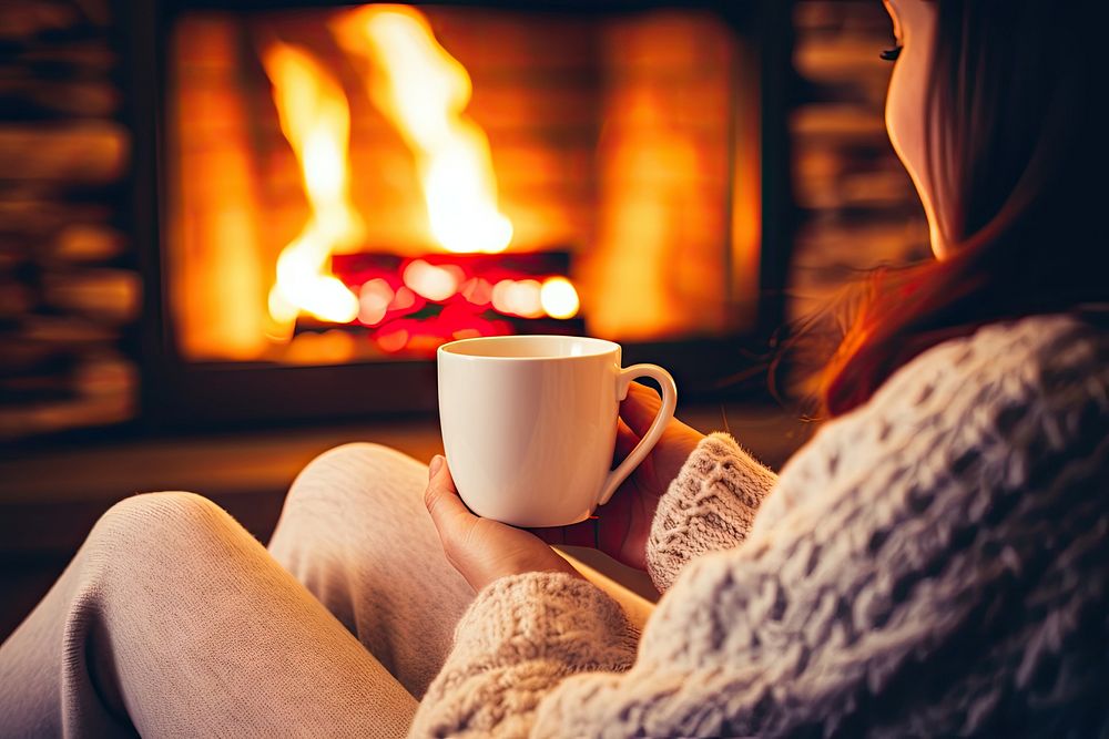 Christmas fireplac woman relaxes cup fireplace. AI generated Image by rawpixel.