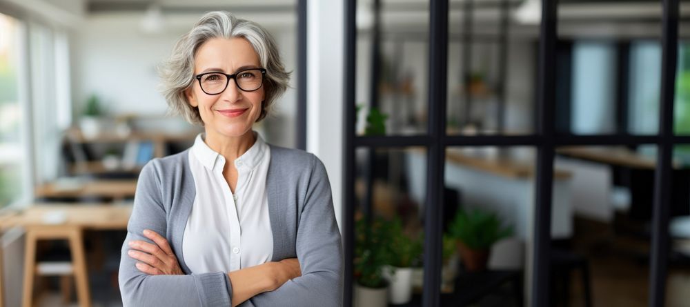 Mature woman glasses smiling office. AI generated Image by rawpixel.