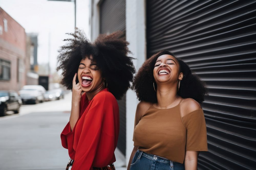 Black women laughing outdoors street. AI generated Image by rawpixel.
