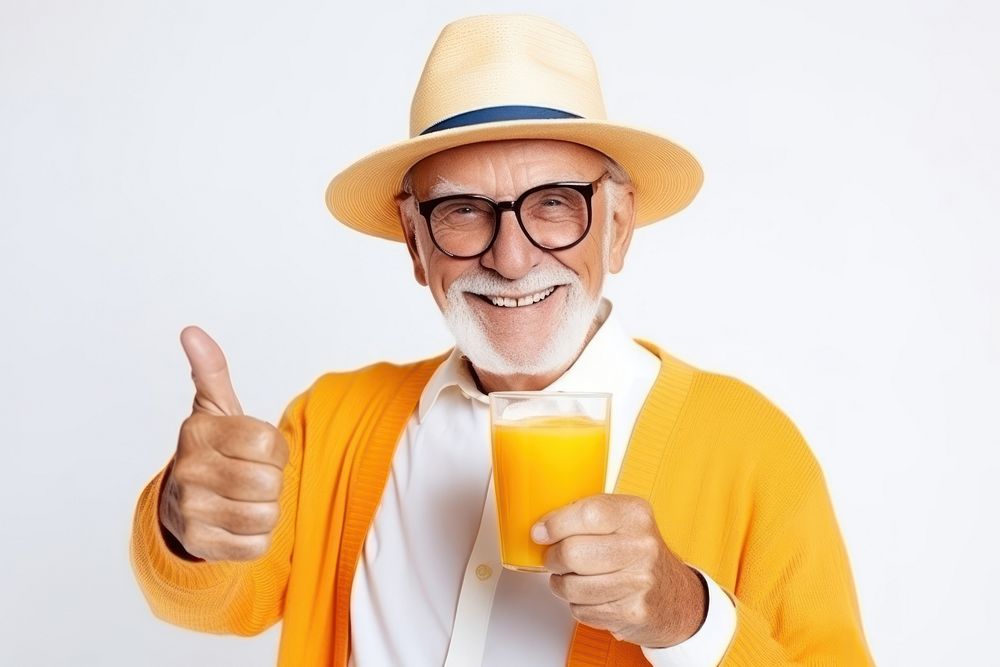 Attractive elder man portrait sunglasses drinking. 