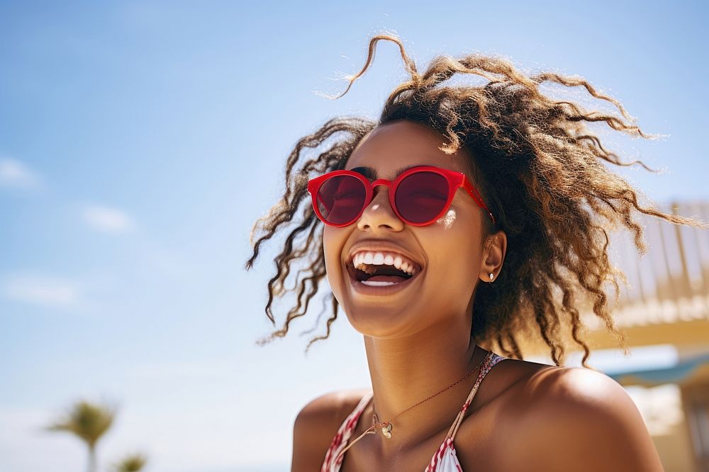 Smiling young black woman sunglasses laughing smiling. AI generated Image by rawpixel.