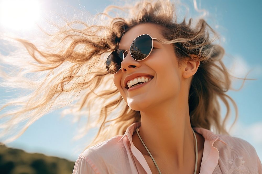 Smiling young woman sunglasses laughing smiling. AI generated Image by rawpixel.