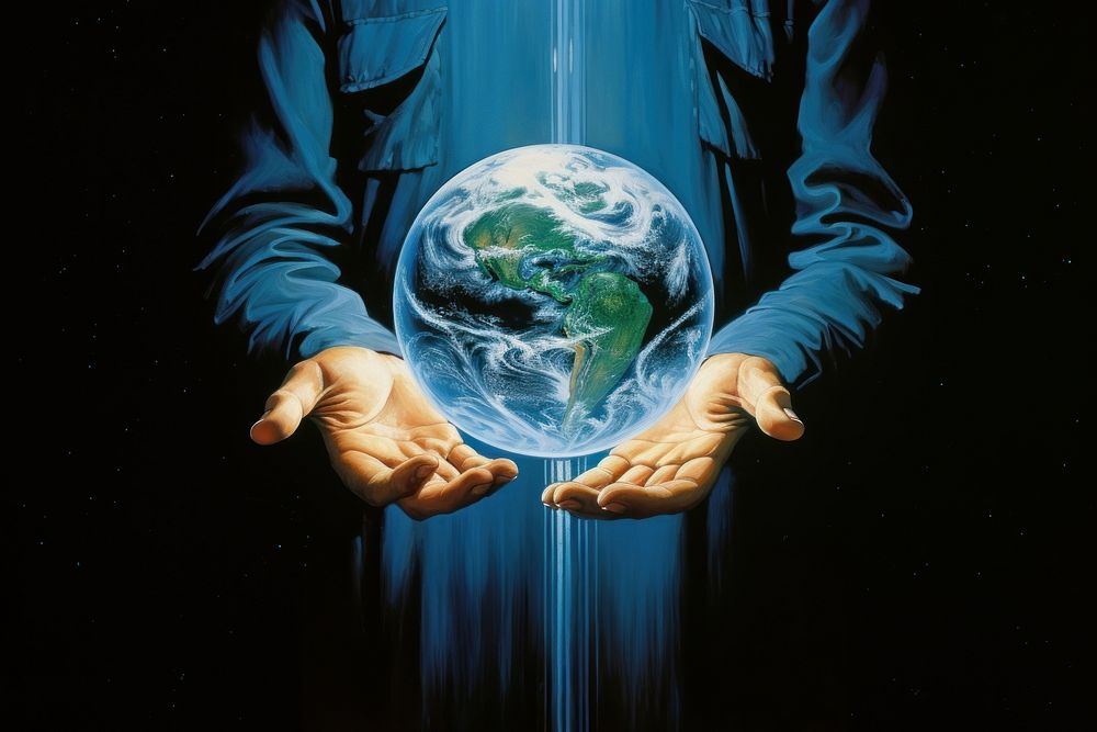Hand holding an earth planet sphere space. 