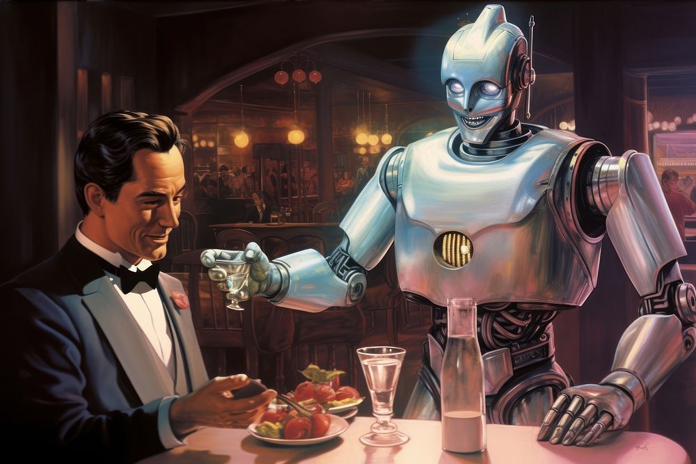 Robot waiter restaurant technology cartoon. AI generated Image by rawpixel.
