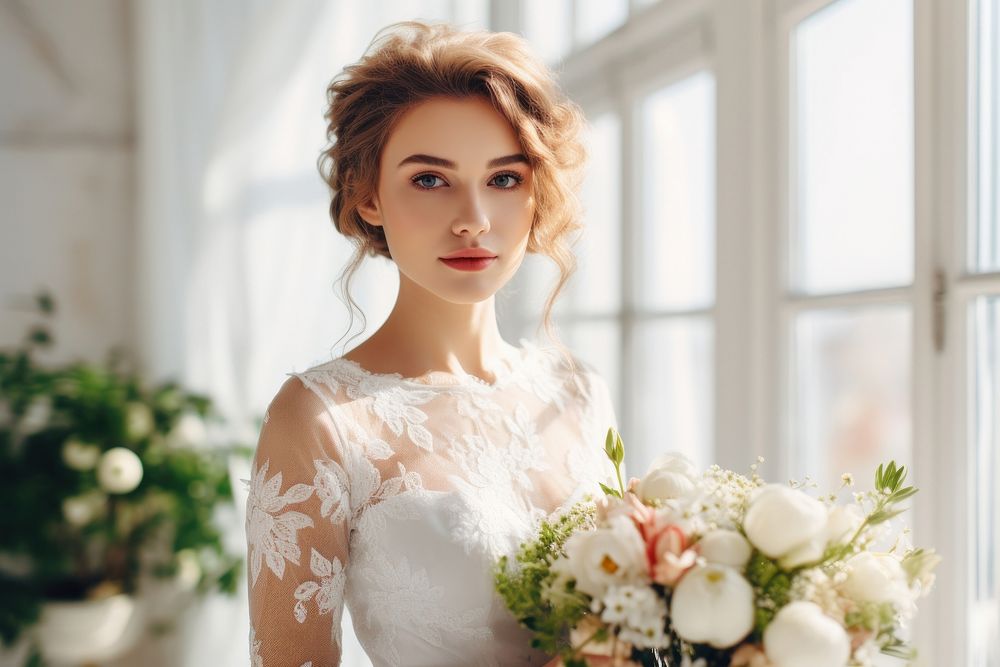 Beautiful young bride wedding dress portrait. AI generated Image by rawpixel.