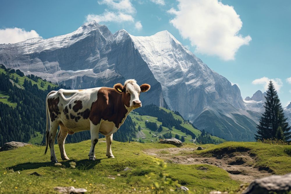 Cow cow landscape grassland. AI generated Image by rawpixel.