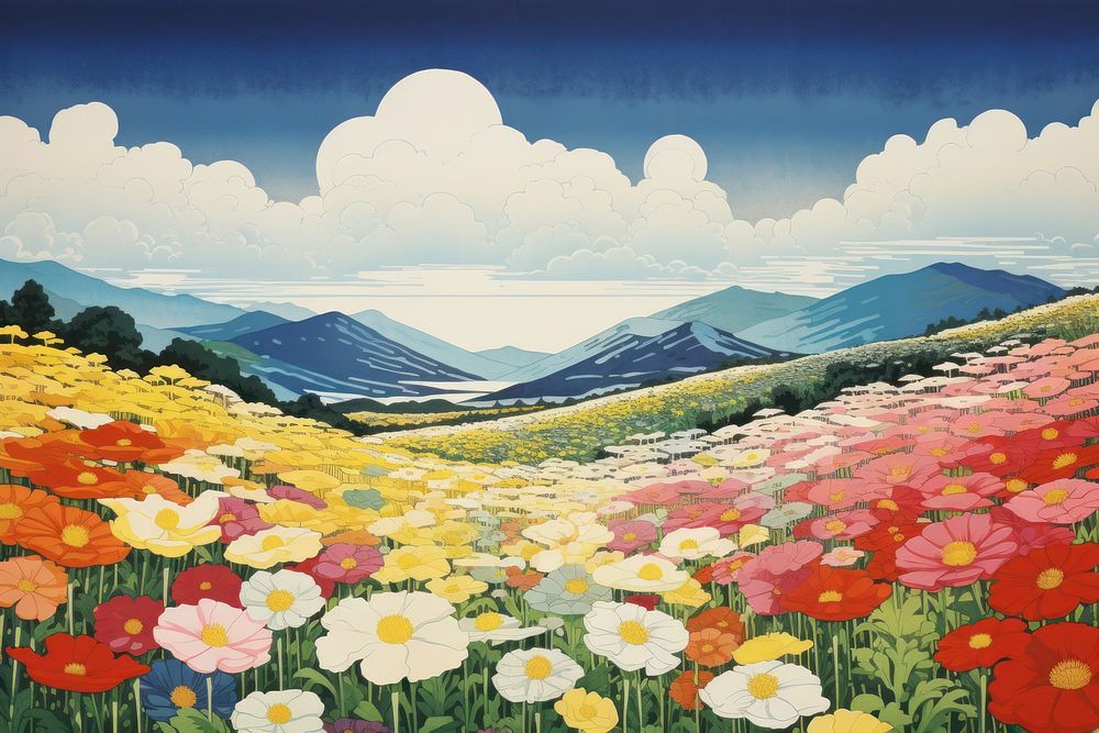 Flower fields landscape outdoors painting. AI generated Image by rawpixel.