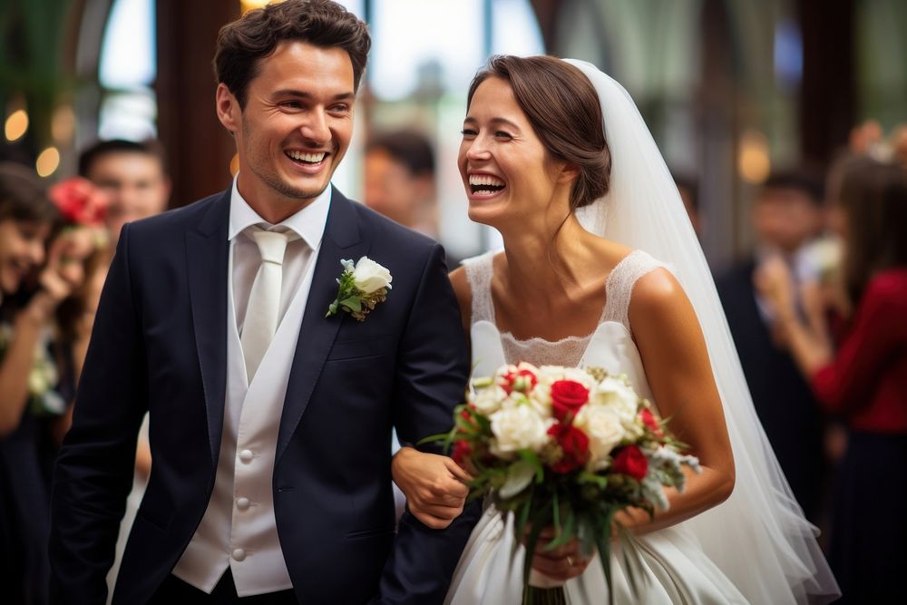 Happy wedding bride ceremony laughing. AI generated Image by rawpixel.