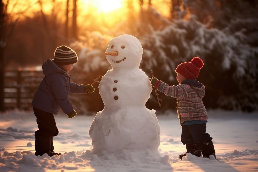 Kids building a snow man christmas outdoors snowman. AI generated Image by rawpixel.