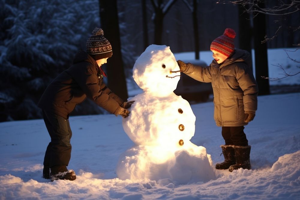 Kids building a snow man christmas footwear outdoors. AI generated Image by rawpixel.