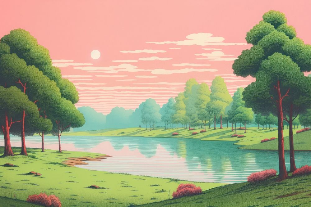 Lake landscape outdoors painting. AI generated Image by rawpixel.