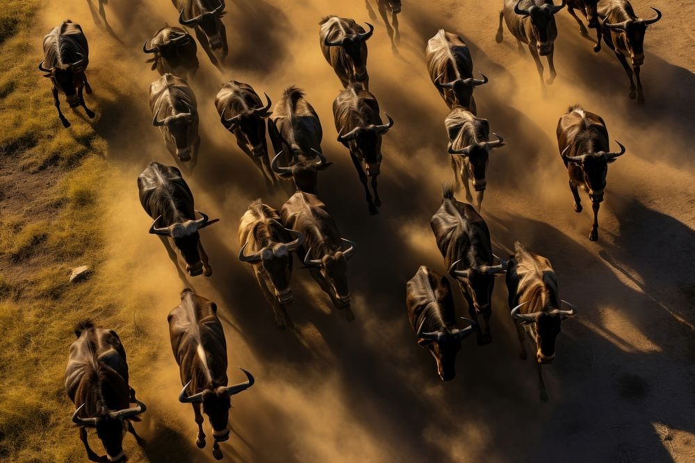 Wildebeest livestock wildlife running. AI generated Image by rawpixel.