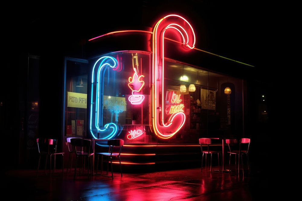 Neon light architecture illuminated restaurant. AI generated Image by rawpixel.